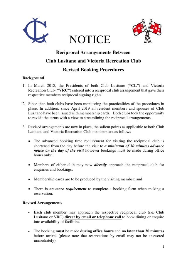 Club Lusitano Booking Procedures
